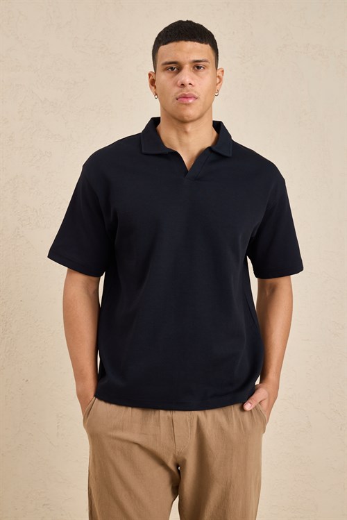 Wholesale Mens Black Relax Fit Interlock Polo Shirt