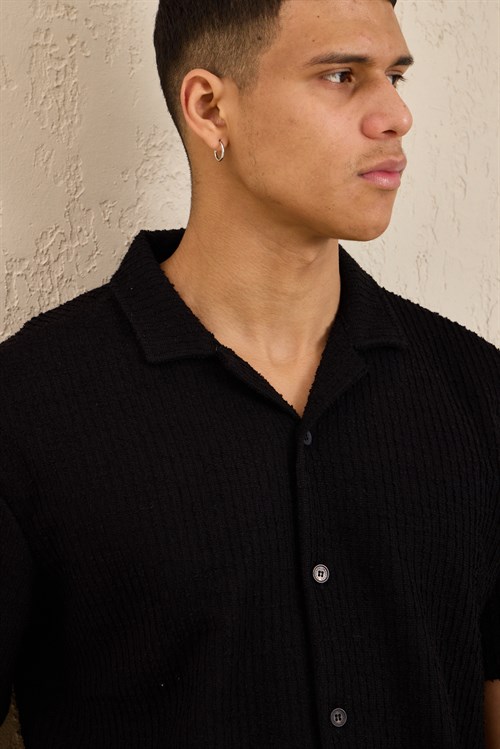 Wholesale Mens Black Resort Collar Slub Knit Shirt