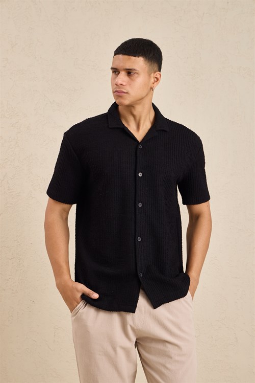 Wholesale Mens Black Resort Collar Slub Knit Shirt
