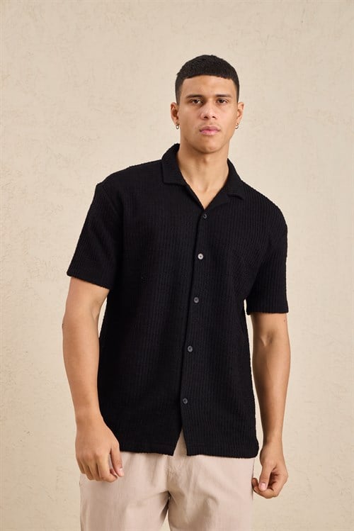 Wholesale Mens Black Resort Collar Slub Knit Shirt
