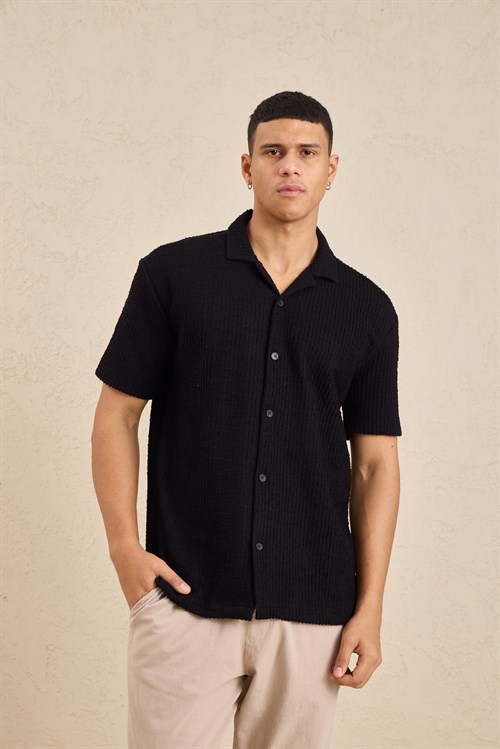 Wholesale Mens Black Resort Collar Slub Knit Shirt