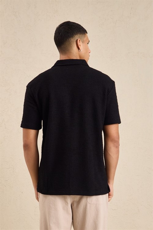 Wholesale Mens Black Resort Collar Slub Knit Shirt