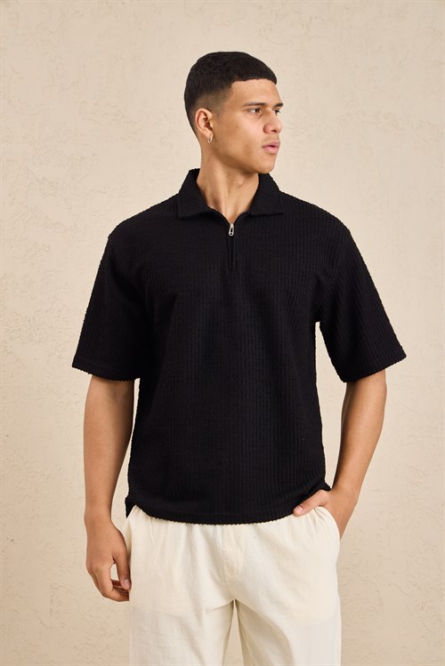 Wholesale Mens Black Slub Knit Zip Polo Shirt