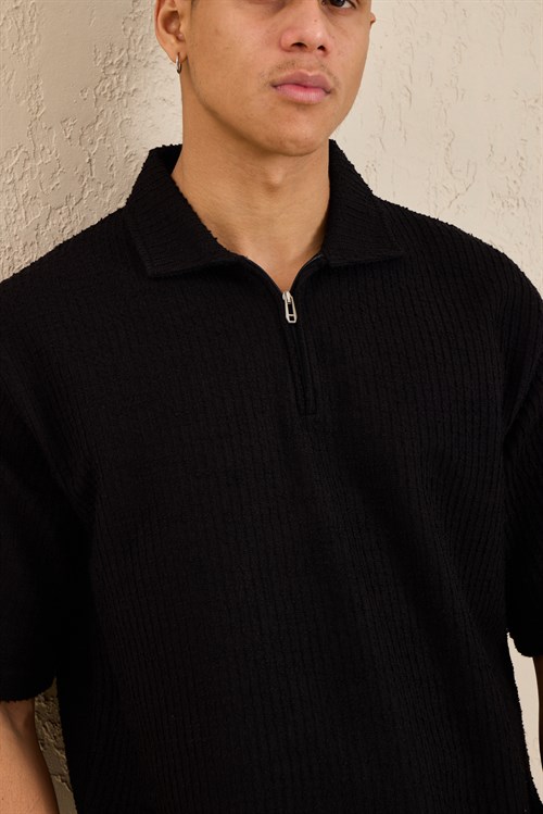 Wholesale Mens Black Slub Knit Zip Polo Shirt