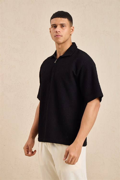 Wholesale Mens Black Slub Knit Zip Polo Shirt
