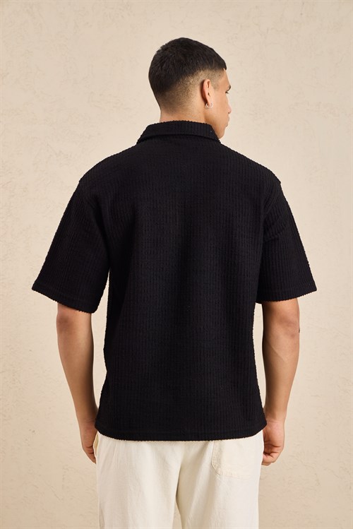 Wholesale Mens Black Slub Knit Zip Polo Shirt