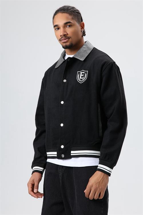 Wholesale Mens Black Snap-Up Varsity Jacket
