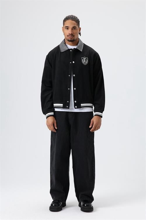 Wholesale Mens Black Snap-Up Varsity Jacket
