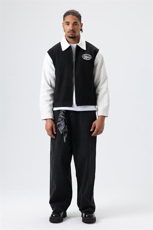 Wholesale Mens Black Zip-Up Varsity Jacket