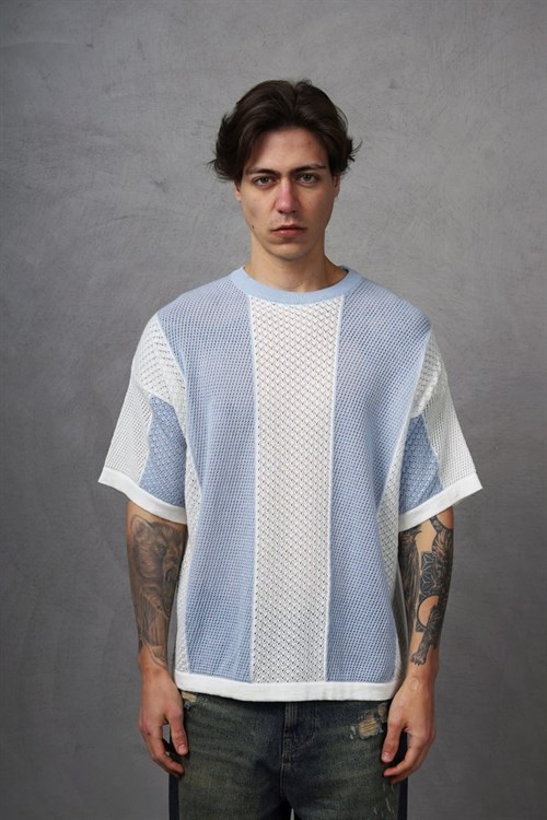 Wholesale Mens Blue Knit Crew-Neck T-Shirt