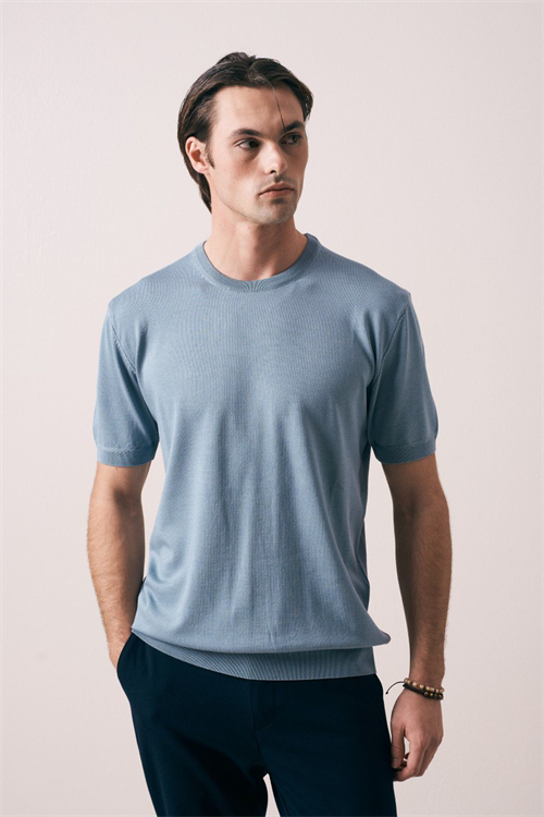 Wholesale Mens Blue Knit Crew-Neck T-Shirt
