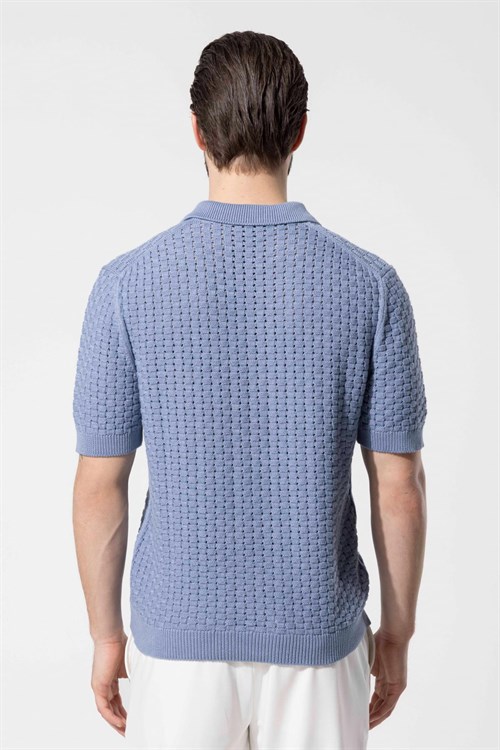 Wholesale Mens Blue Knit Polo Shirt