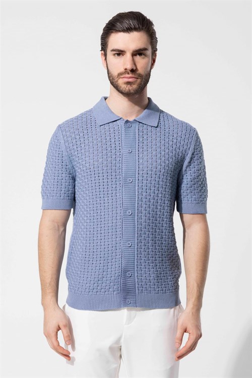 Wholesale Mens Blue Knit Polo Shirt