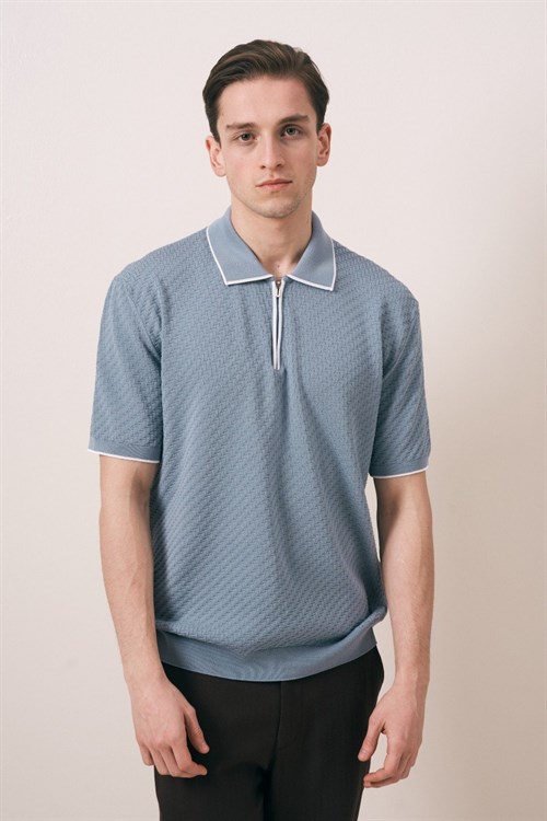 Wholesale Mens Blue Knit Polo T-Shirt