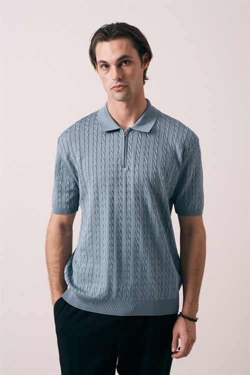 Wholesale Mens Blue Knit Polo T-Shirt