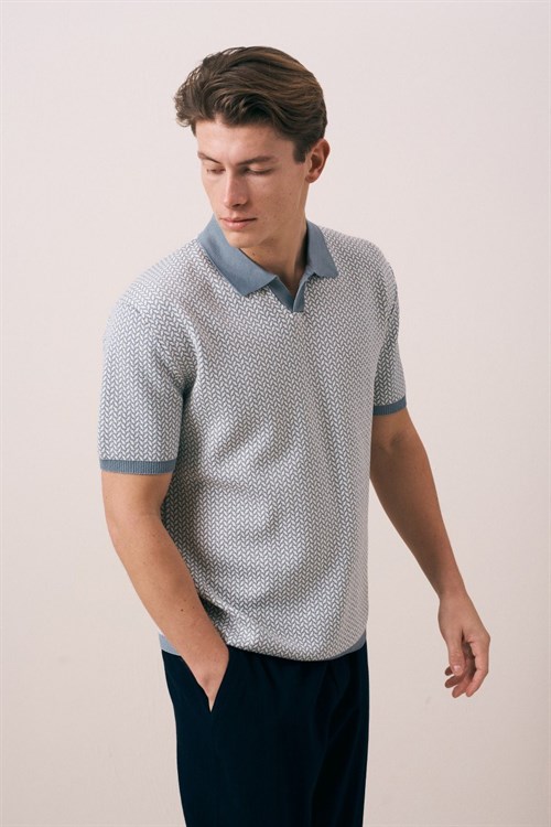 Wholesale Mens Blue Knit Polo T-Shirt