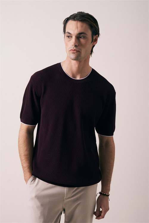 Wholesale Mens Bordeaux Knit Crew-Neck T-Shirt