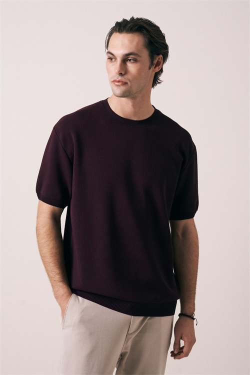 Wholesale Mens Bordeaux Knit Crew-Neck T-Shirt