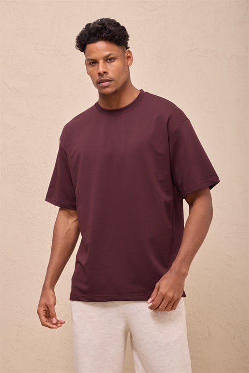 Wholesale Mens Bordeaux Oversized Crew-Neck Basic T-Shirt