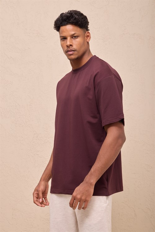 Wholesale Mens Bordeaux Oversized Crew-Neck Basic T-Shirt