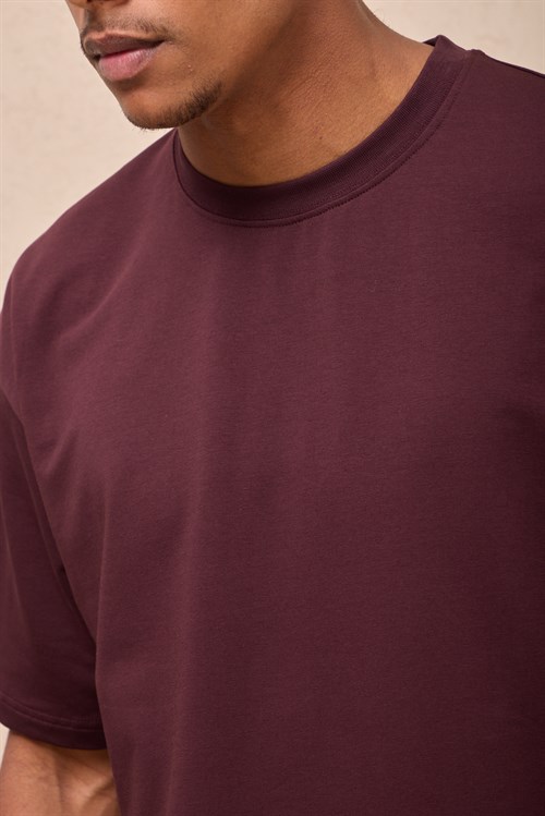 Wholesale Mens Bordeaux Oversized Crew-Neck Basic T-Shirt