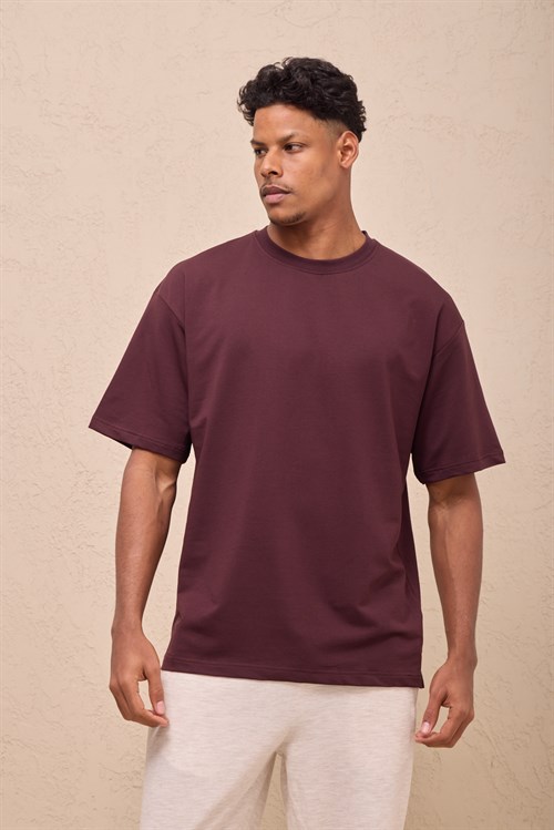 Wholesale Mens Bordeaux Oversized Crew-Neck Basic T-Shirt