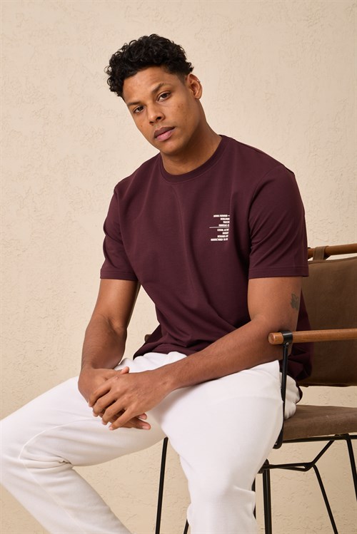 Wholesale Mens Bordeaux Regular Fit Printed French Terry T-Shirt