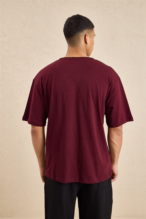 Wholesale Mens Bordeaux Relax Fit Basic T-Shirt with Raw-Edge Neckline