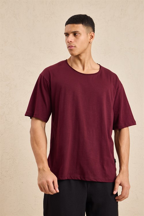 Wholesale Mens Bordeaux Relax Fit Basic T-Shirt with Raw-Edge Neckline