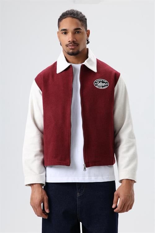 Wholesale Mens Bordeaux Zip-Up Varsity Jacket
