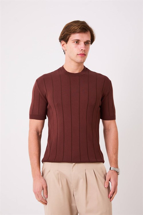 Wholesale Mens Brown Knit Crew-Neck T-Shirt