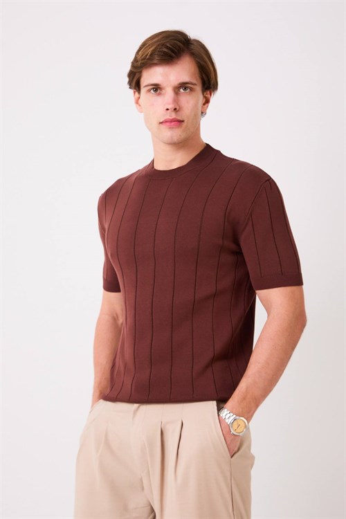 Wholesale Mens Brown Knit Crew-Neck T-Shirt