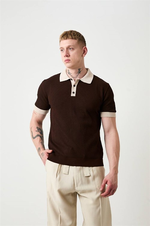 Wholesale Mens Brown Knit Polo Shirt