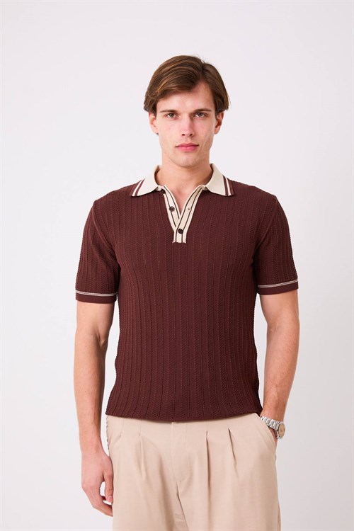 Wholesale Mens Brown Knit Polo T-Shirt