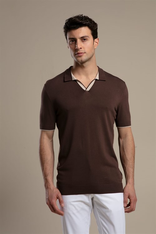 Wholesale Mens Brown Knit Polo T-Shirt
