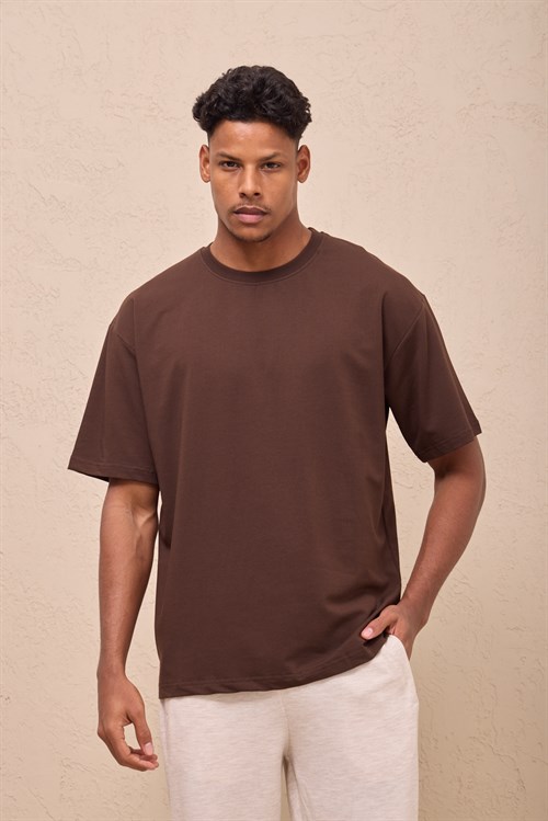 Wholesale Mens Brown Oversized Crew-Neck Basic T-Shirt