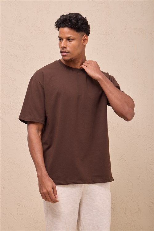 Wholesale Mens Brown Oversized Crew-Neck Basic T-Shirt
