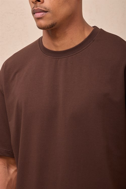 Wholesale Mens Brown Oversized Crew-Neck Basic T-Shirt