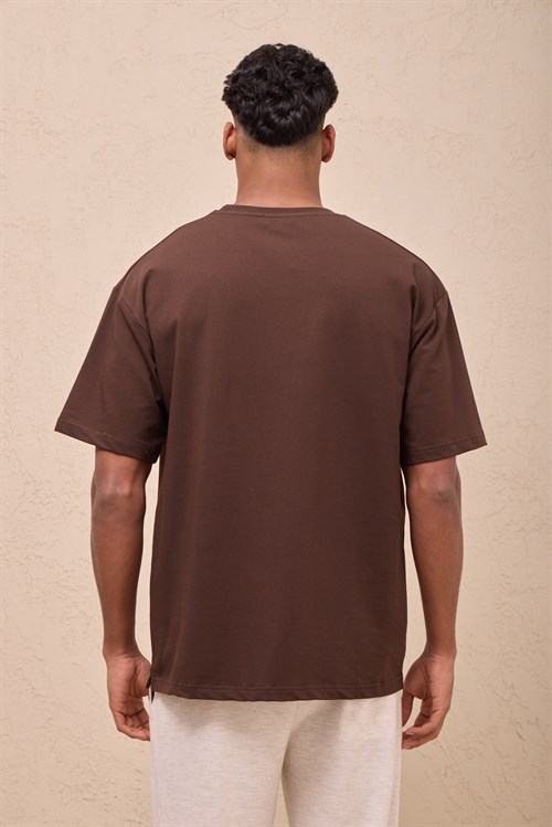 Wholesale Mens Brown Oversized Crew-Neck Basic T-Shirt