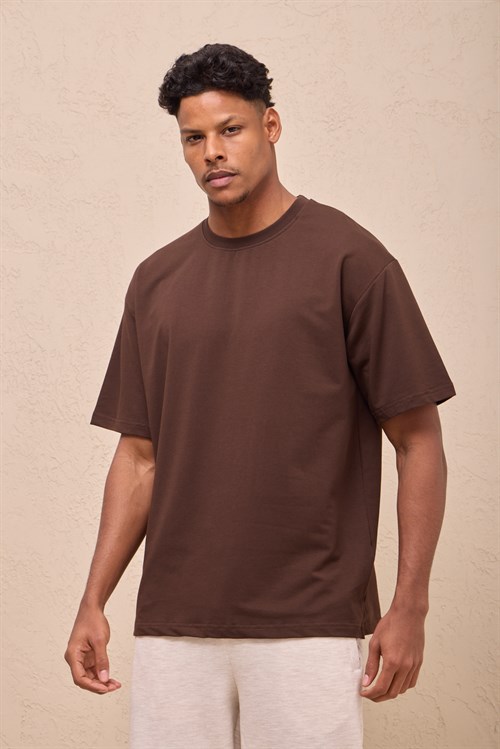 Wholesale Mens Brown Oversized Crew-Neck Basic T-Shirt