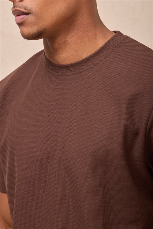 Wholesale Mens Brown Regular Fit Double-Knit Crew-Neck T-Shirt