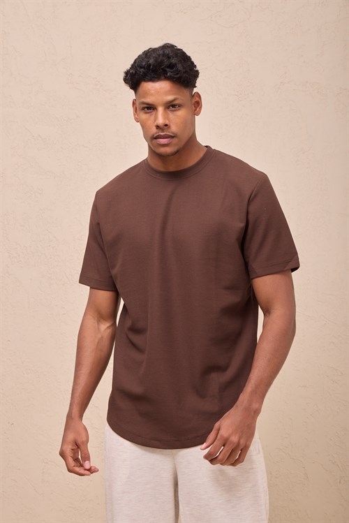 Wholesale Mens Brown Regular Fit Double-Knit Crew-Neck T-Shirt