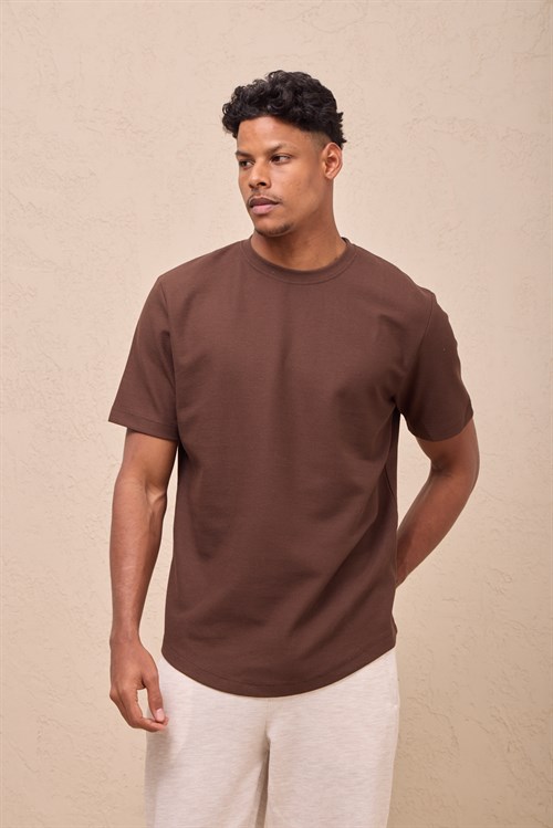 Wholesale Mens Brown Regular Fit Double-Knit Crew-Neck T-Shirt