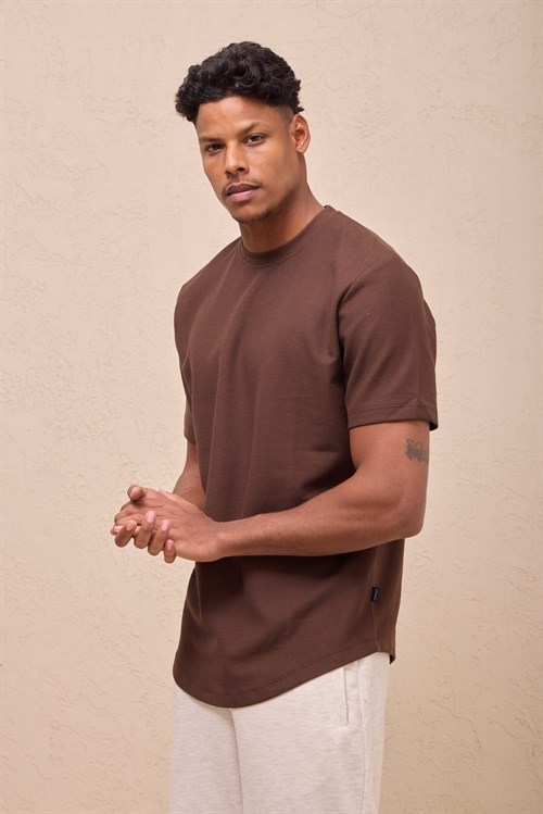 Wholesale Mens Brown Regular Fit Double-Knit Crew-Neck T-Shirt
