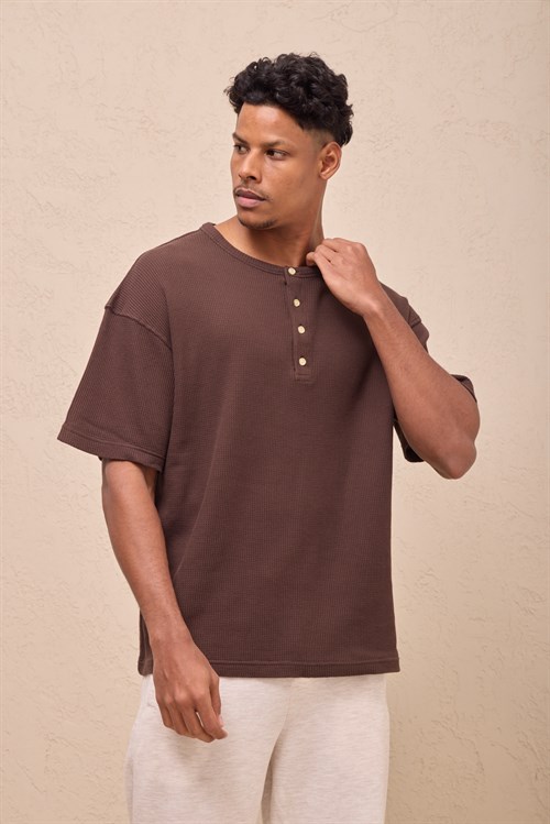 Wholesale Mens Brown Regular Fit Waffle Knit Henley T-Shirt