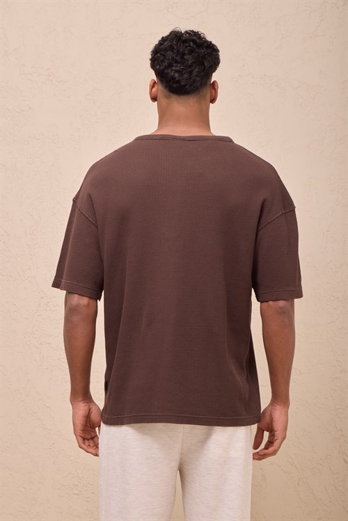 Wholesale Mens Brown Regular Fit Waffle Knit Henley T-Shirt
