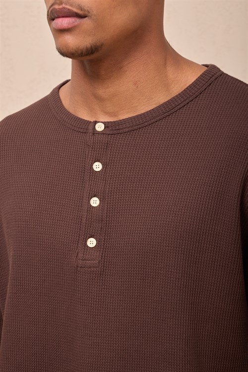 Wholesale Mens Brown Regular Fit Waffle Knit Henley T-Shirt