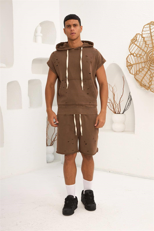 Wholesale Mens Brown T-Shirt and Shorts Set