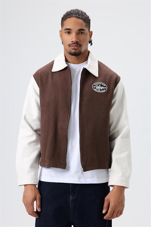 Wholesale Mens Brown Zip-Up Varsity Jacket