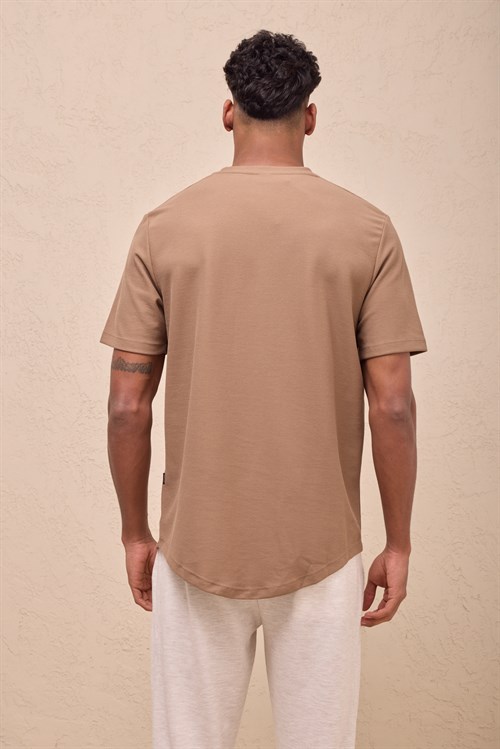 Wholesale Mens Camel Regular Fit Double-Knit Crew-Neck T-Shirt